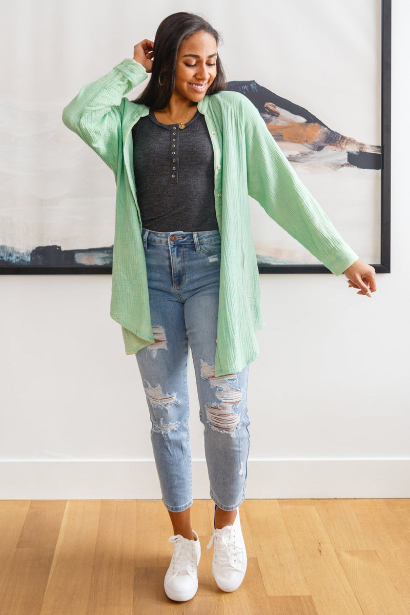 Corey Button Up Top In Vintage Green BF35