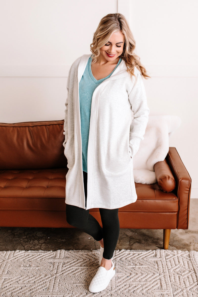 Cozy Open Front Sweatshirt Cardigan In Heathered Grey