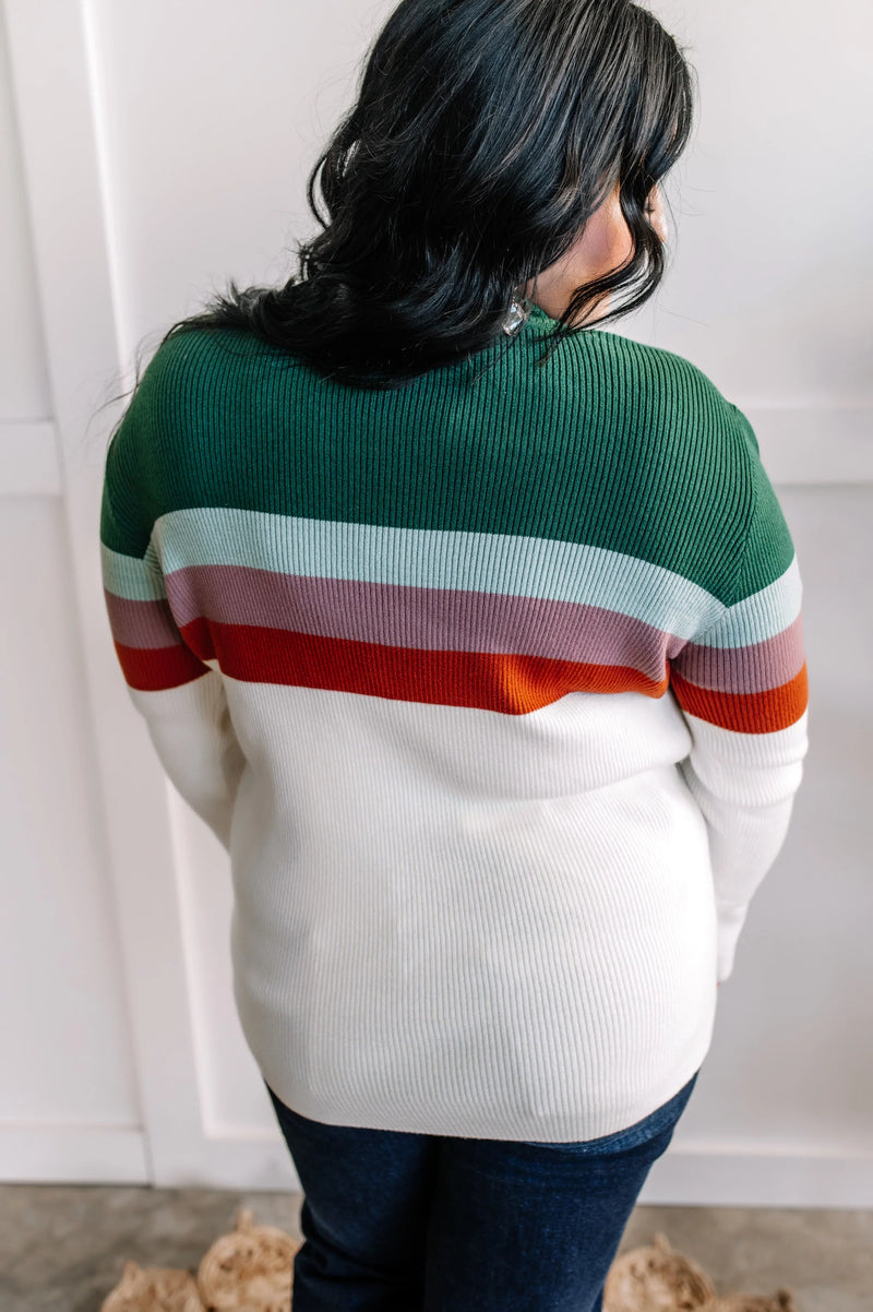 Striped Mock Neck Sweater in Cream, Green, Purple & Rust