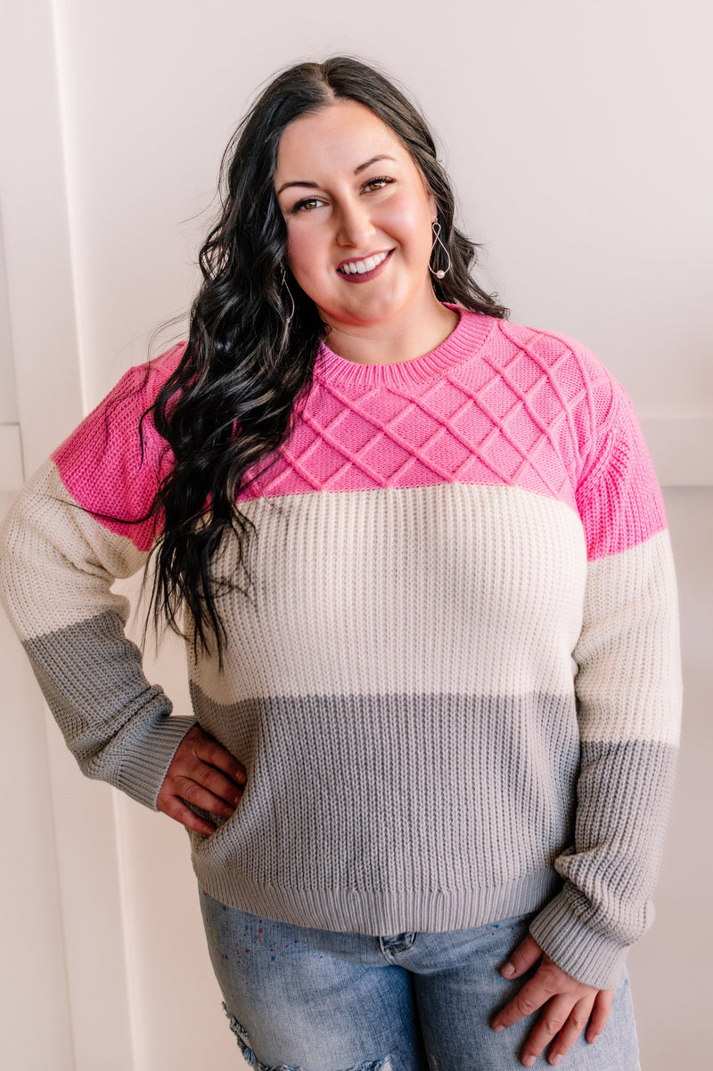 You've Been Colorblocked Woven Sweater in Pink, Gray & Ivory