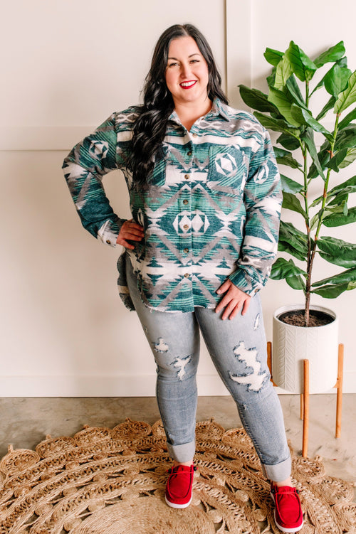 Teal Aztec Print Shacket