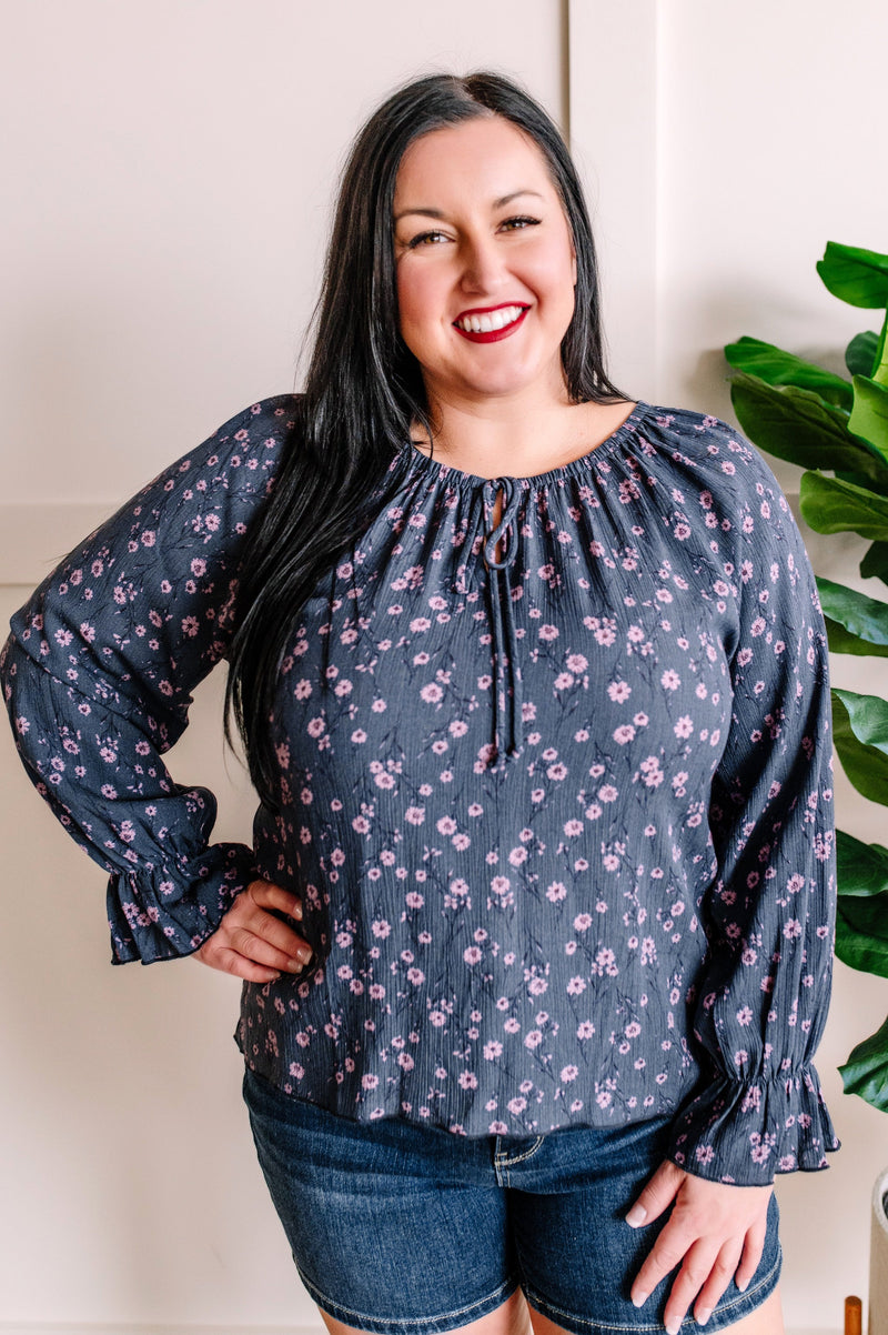 Ditsy Dot Floral Top In Navy & Plum