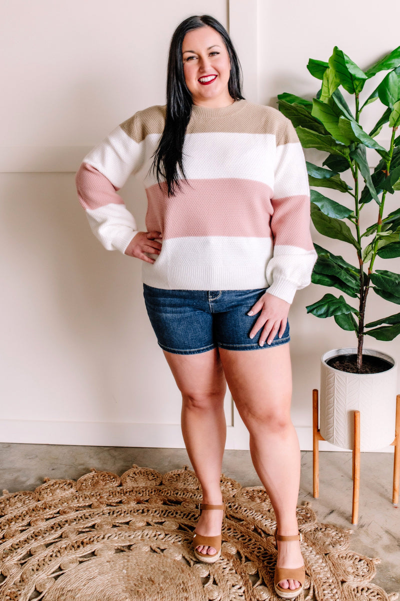 Color Block Sweater In Blush, Ivory & Tan