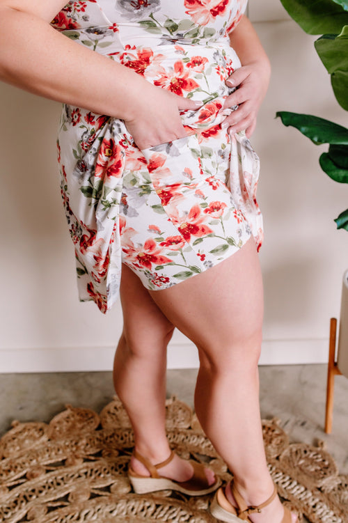 Sleeveless Ivory Floral Dress With Attached Shorts