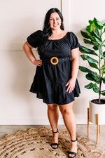 Puff Sleeve Belted Tier Dress In Black
