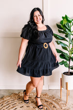 Puff Sleeve Belted Tier Dress In Black