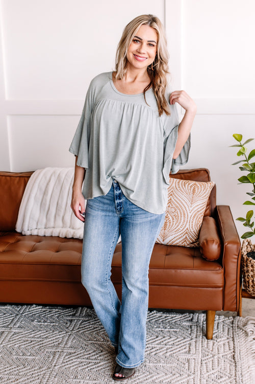 On A Wing Flowy Sleeve Top In Sage