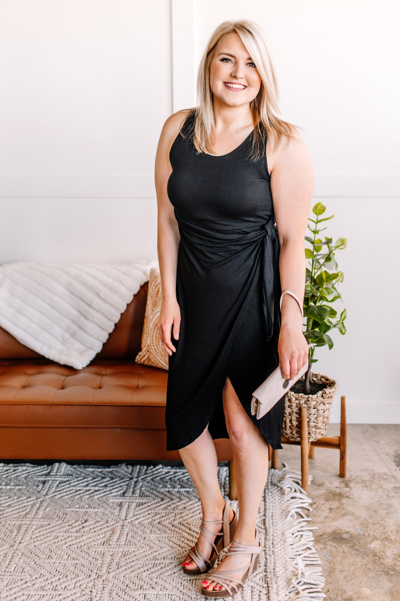 Through The Curves Tulip Wrap Hem Dress In Jet Black