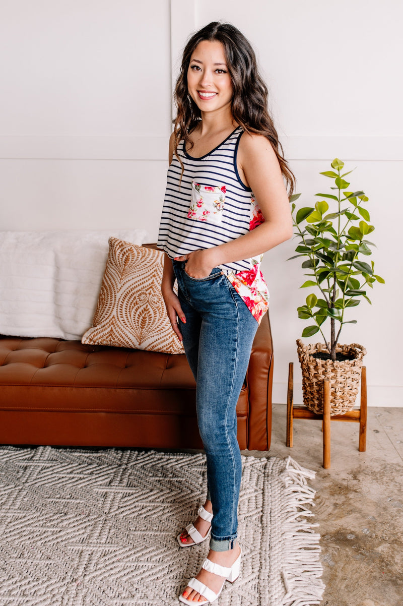 Flip a Switch Striped Floral Tank in Navy & Ivory
