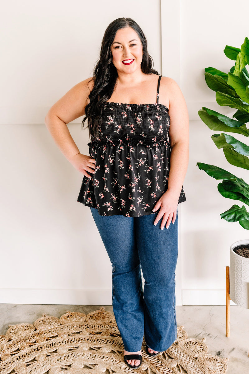 Smocked Sleeveless Top In Subtle Pink Florals