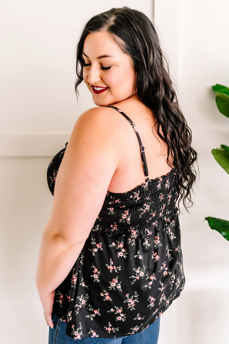 Smocked Sleeveless Top In Subtle Pink Florals