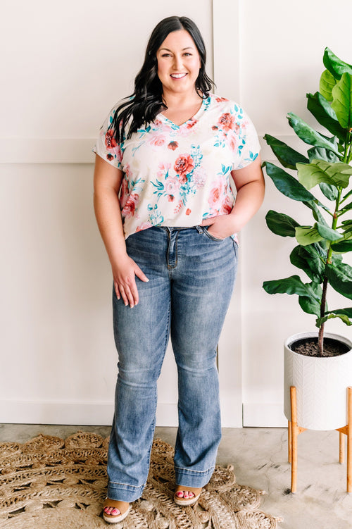 V Neck Floral Top In Turquoise & Gold Florals