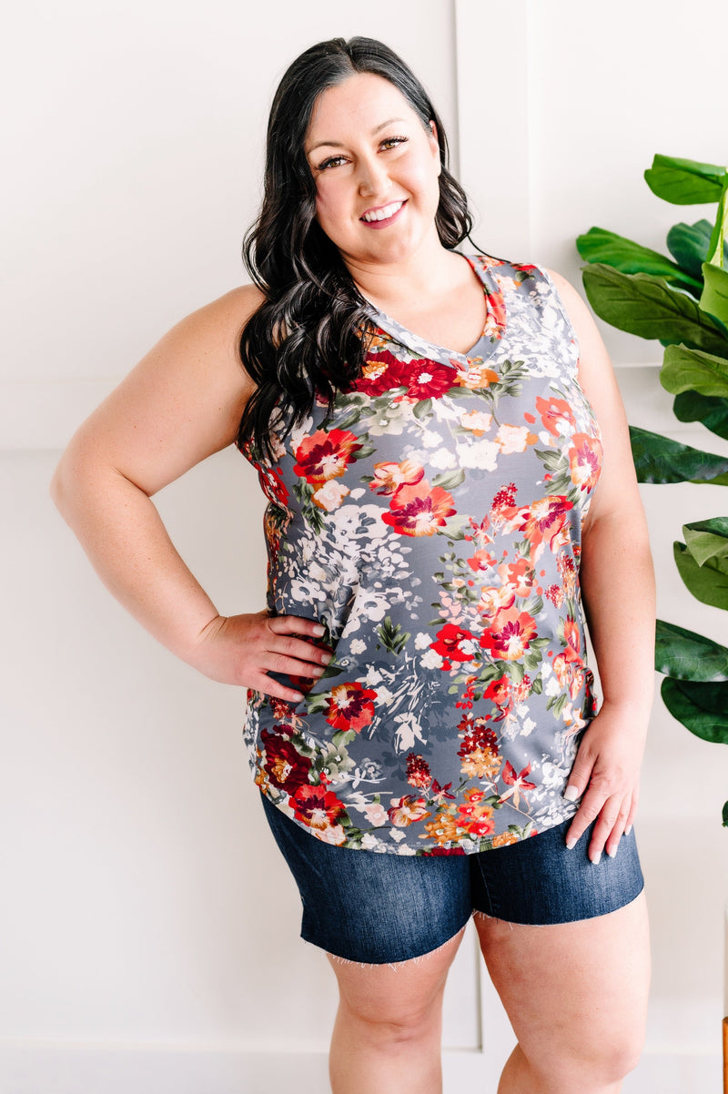 Sleeveless Floral Top In Grey