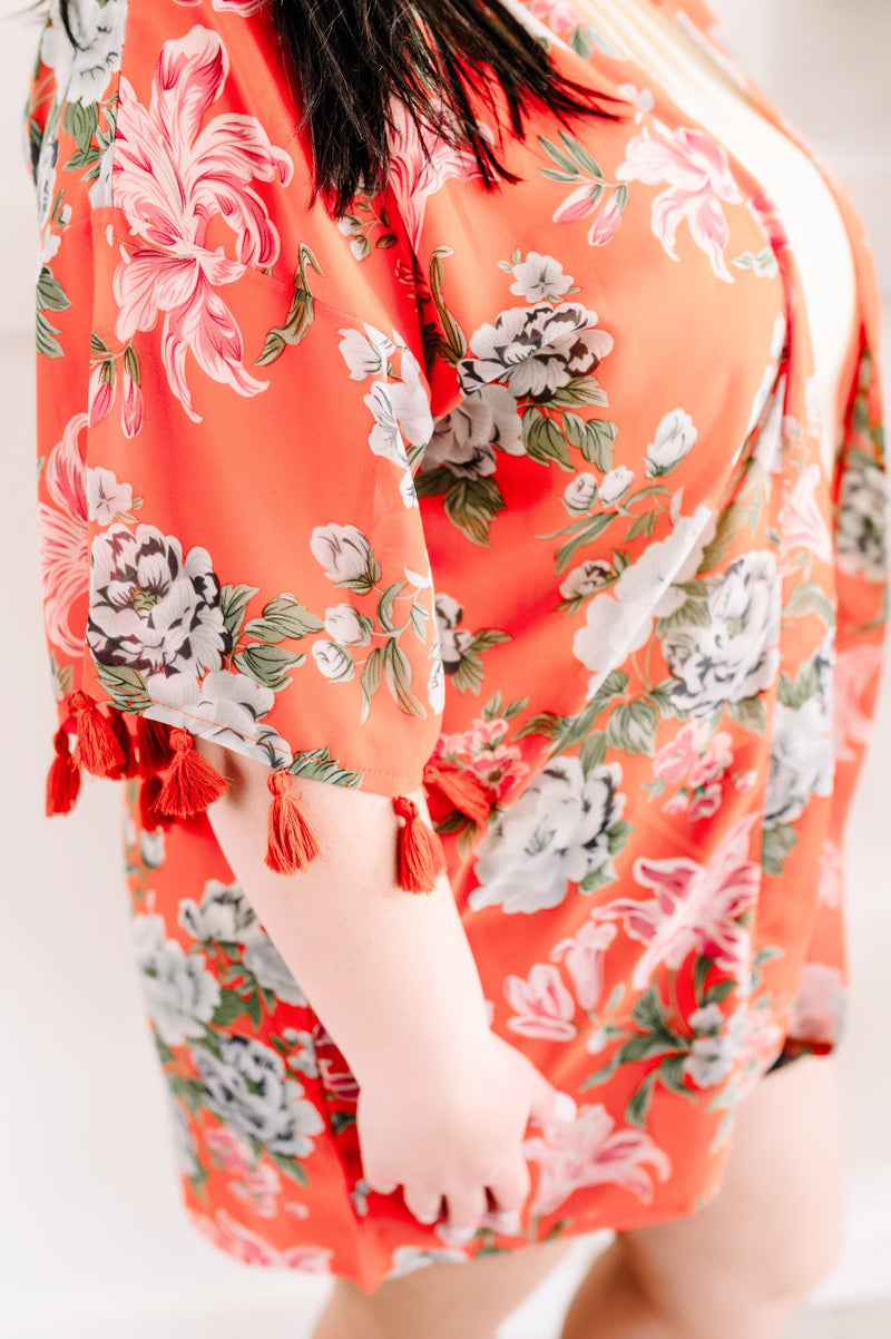 Tassel Sleeve Kimono In Orange Florals