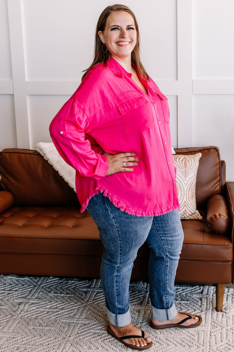 Fray For Me Pink Fringe Button Down Top