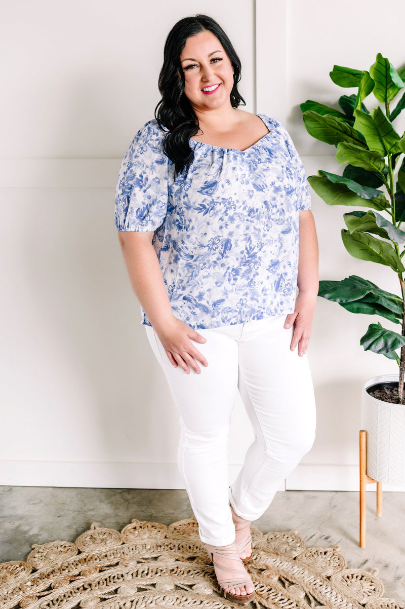 Sweetheart Neckline Blouse In Porcelain & Blue Floral