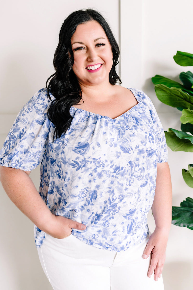 Sweetheart Neckline Blouse In Porcelain & Blue Floral