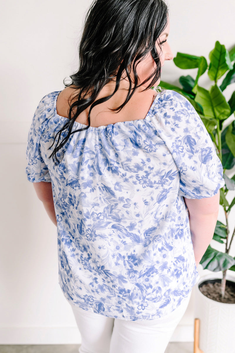 Sweetheart Neckline Blouse In Porcelain & Blue Floral