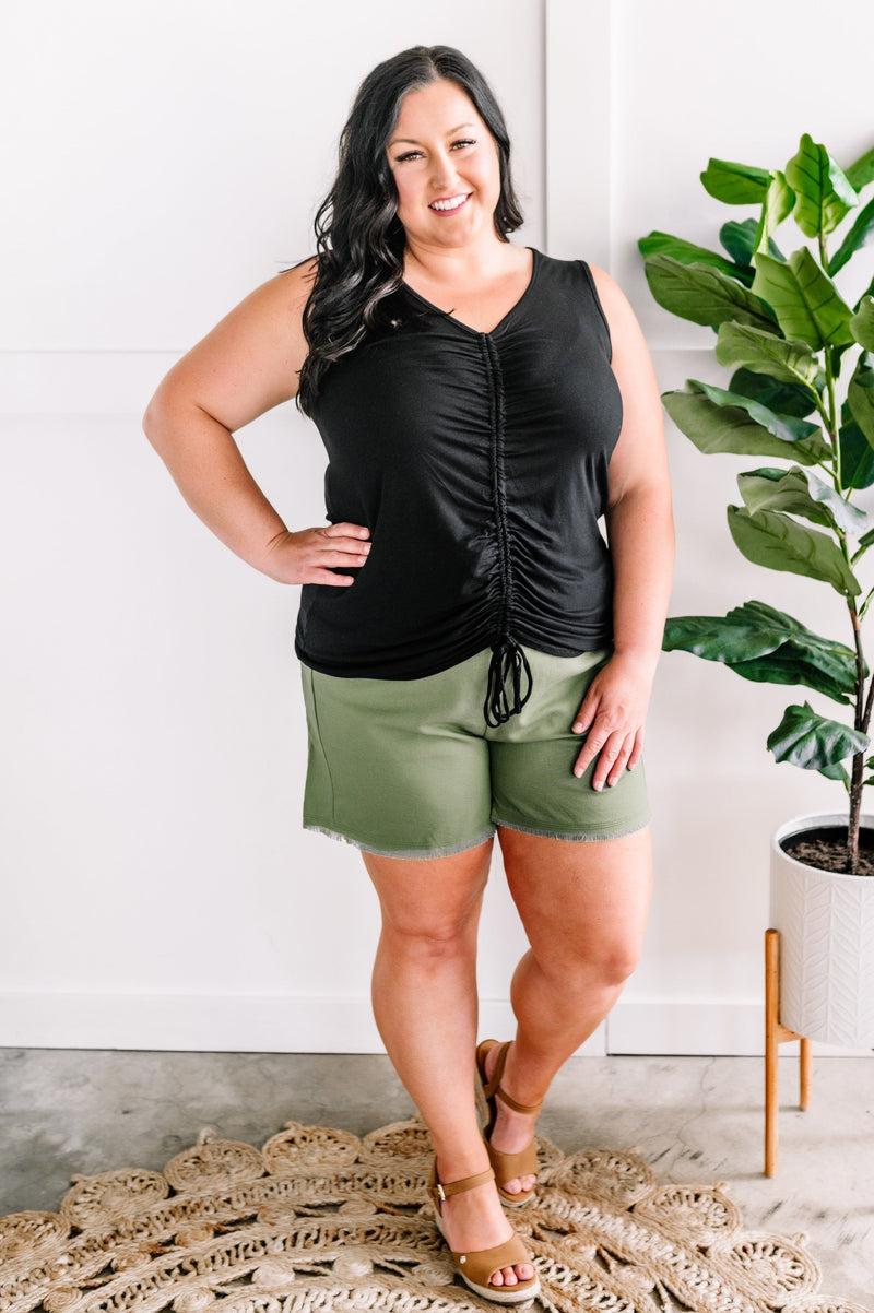 Together At Last Ruched Front Sleeveless Top In Black