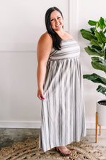 Smocked Maxi Dress In Grey & Ivory Stripes