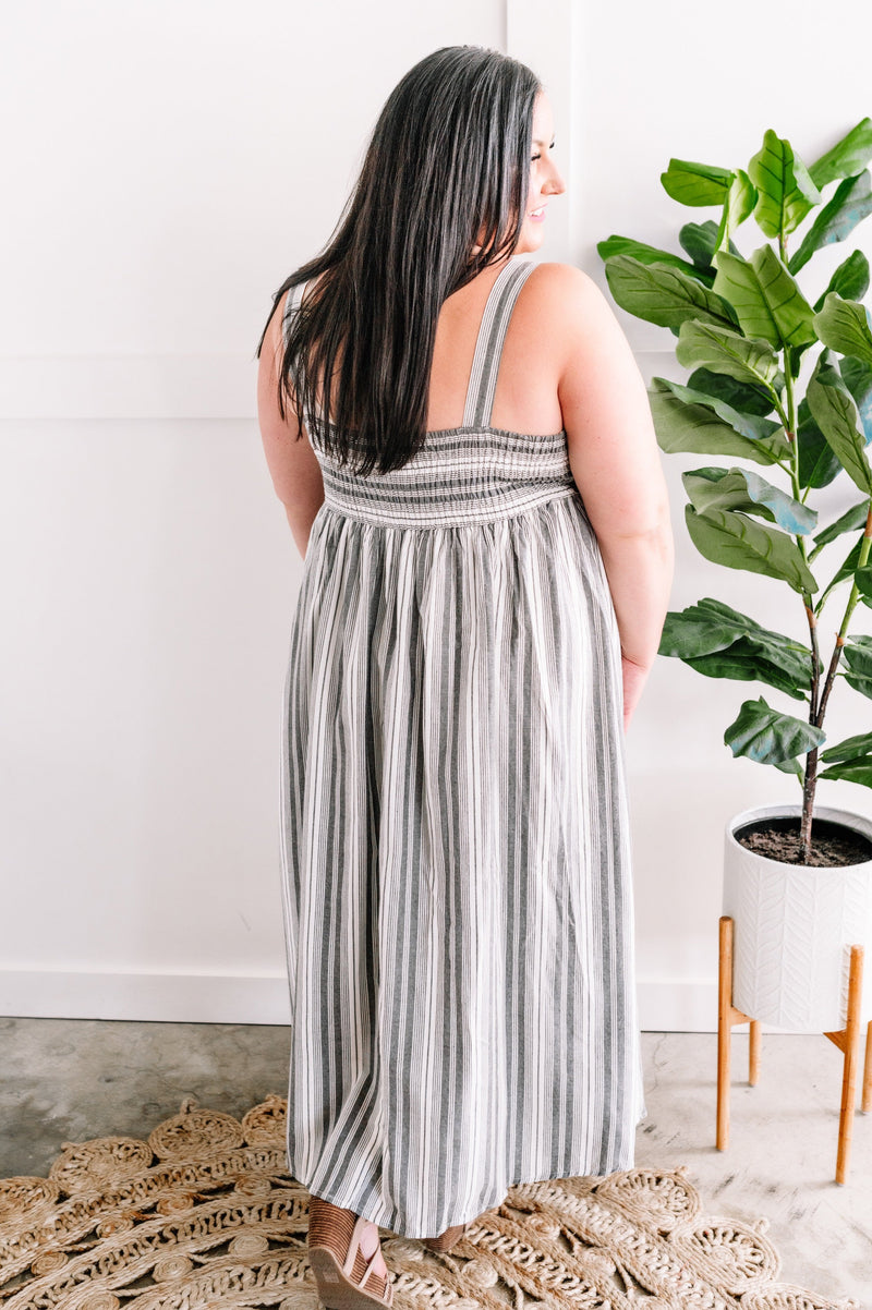 Smocked Maxi Dress In Grey & Ivory Stripes