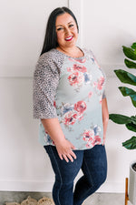 Waffle Knit Floral Contrasting Leopard Top In Muted Aqua