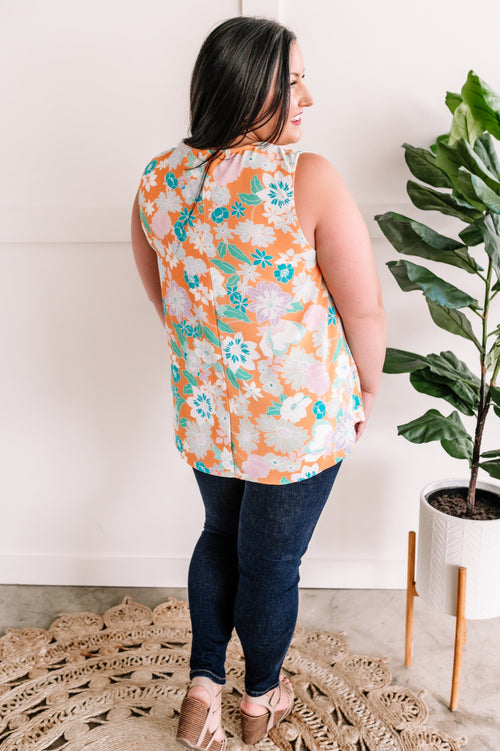 Gabby Sleeveless Floral Top In Turquoise & Tangerine
