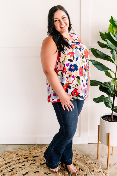 Sleeveless Blouse Top In Bright Florals