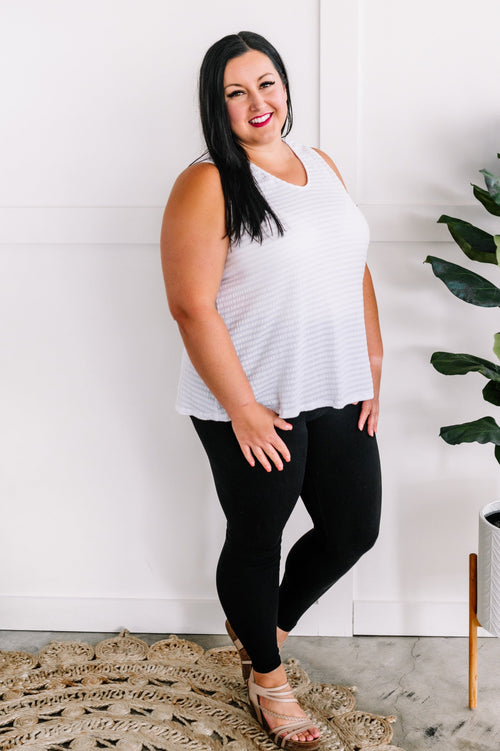 Sleeveless Top In Textured White Subtle Stripes