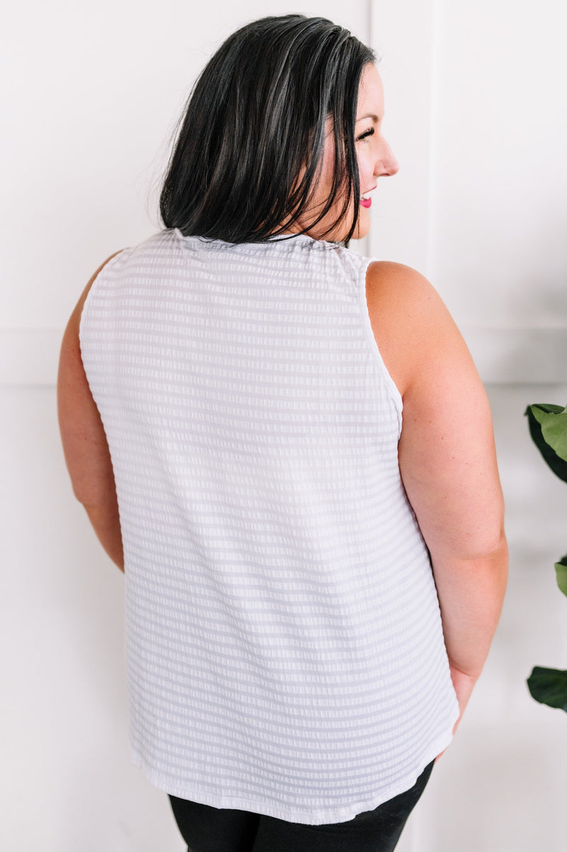 Sleeveless Top In Textured White Subtle Stripes