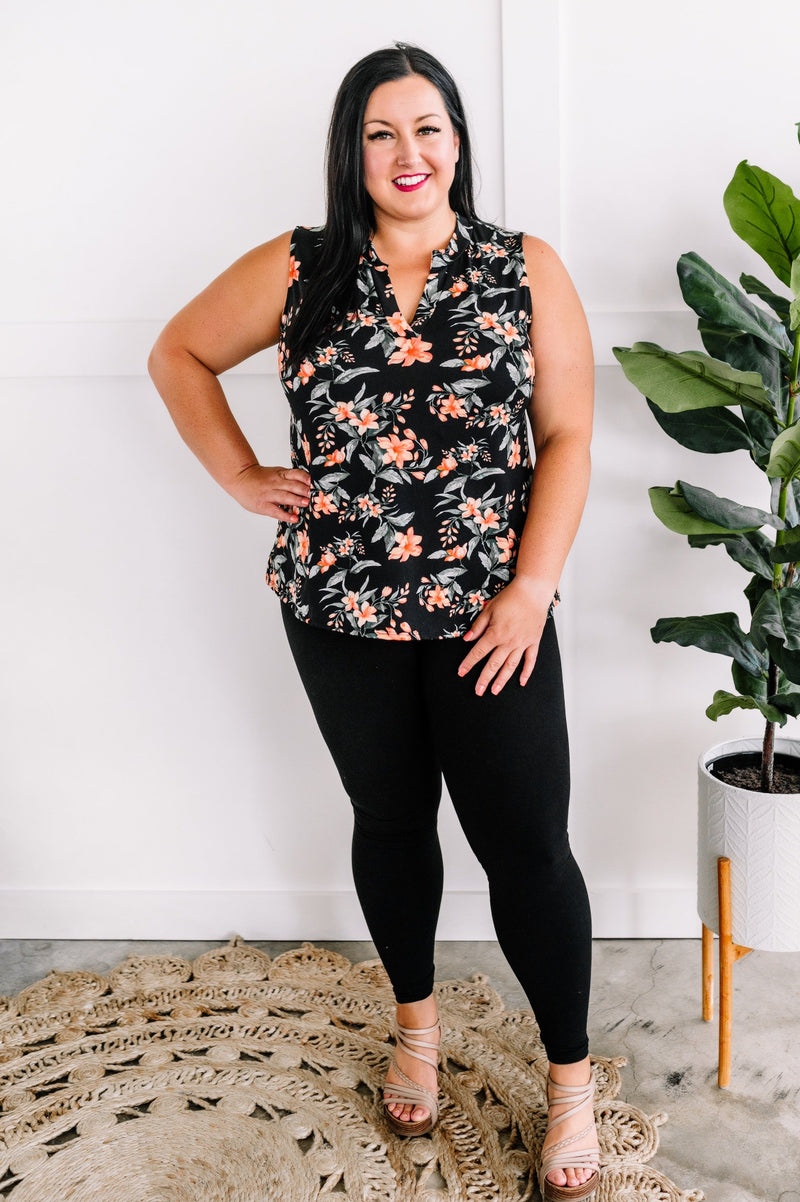 Sleeveless Floral Gabby Top In Black, Orange & Sage