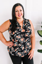 Sleeveless Floral Gabby Top In Black, Orange & Sage