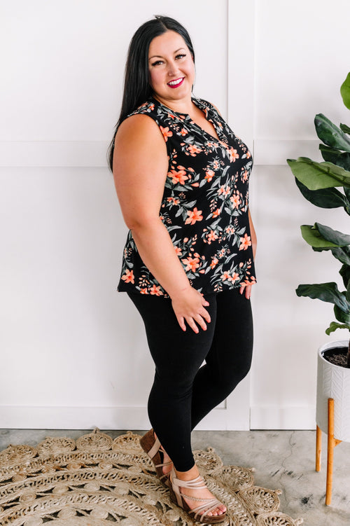 Sleeveless Floral Gabby Top In Black, Orange & Sage