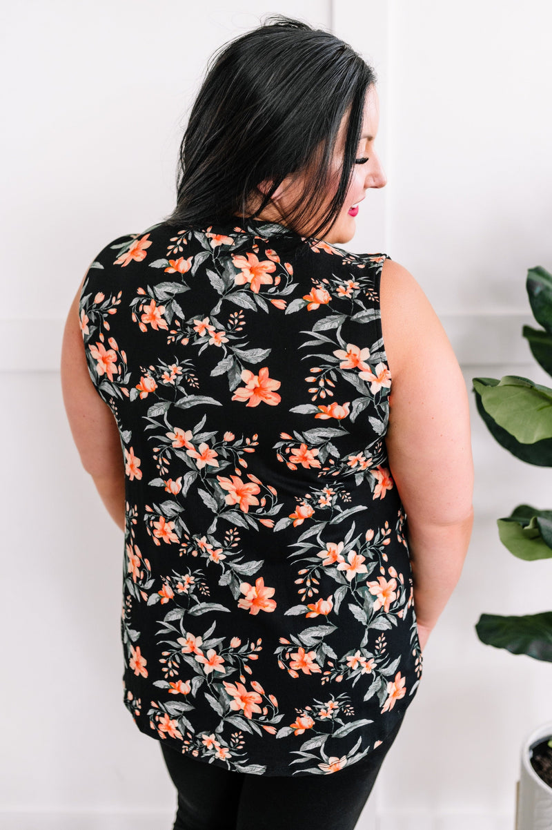 Sleeveless Floral Gabby Top In Black, Orange & Sage