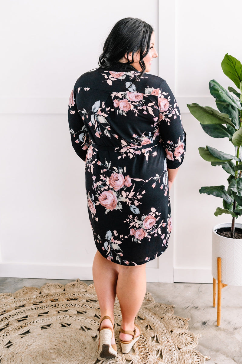 Floral Gabby Dress With Tie Belt In Black