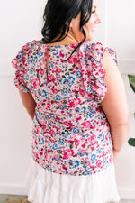Ruffle Detail Floral Blouse In Pink & Blue