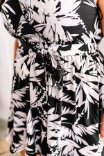 Belted Surplice Dress With Ruffle Detail In Black & White Florals