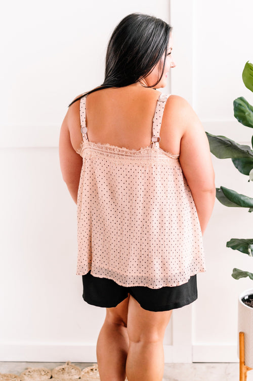 Polka Dot Cami With Lace Trim In Peachy Pink