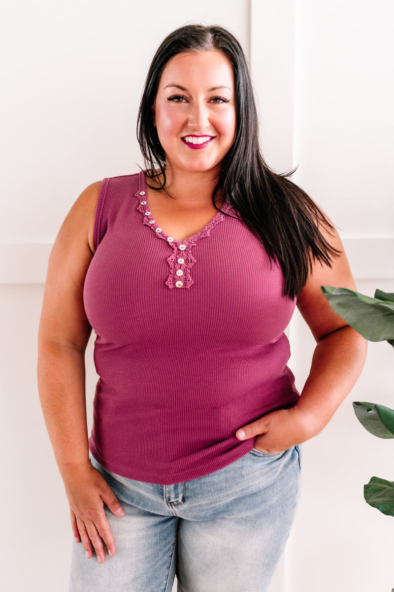 Sleeveless Top With Lace and Button Detail In Dark Raspberry