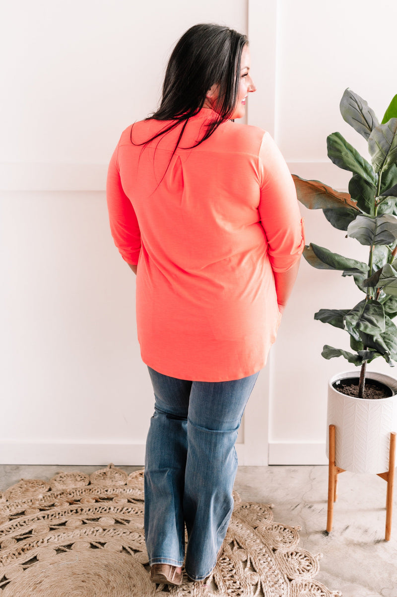 Button Sleeve Detail Gabby Top In Neon Coral
