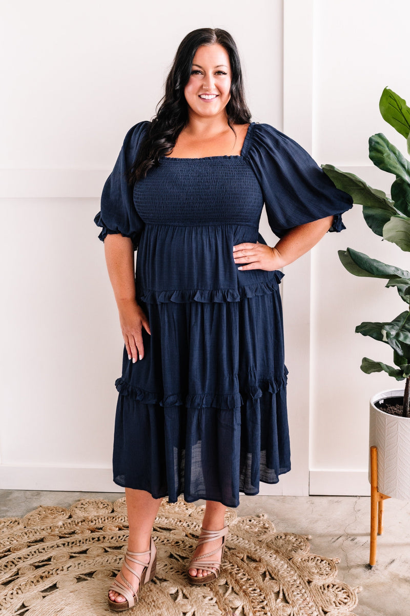 Tiered Maxi Dress With Smocking Detail In Midnight Navy