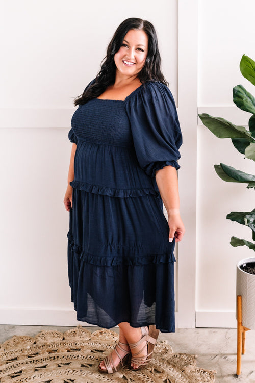 Tiered Maxi Dress With Smocking Detail In Midnight Navy