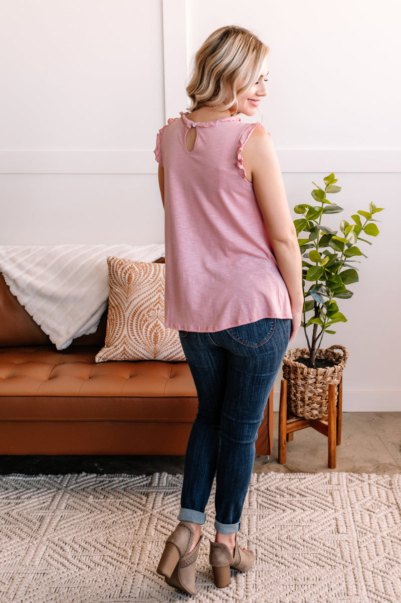 Chills And Frills Ruffle Neck Tank In Charming Pink