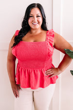 Smocked Sleeveless Top With Ruffle Detail In Watermelon