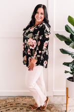 V Neck Floral Top In Black Rose & Olive