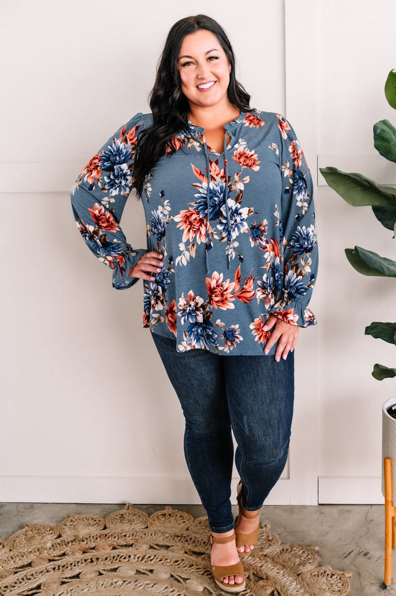 Tie Front Floral Top In Persian Blue