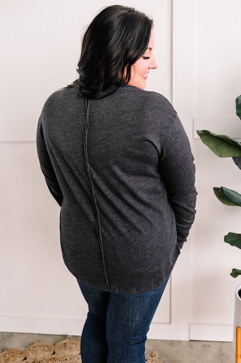 Collared Long Sleeve Top With Thumb Holes In Charcoal