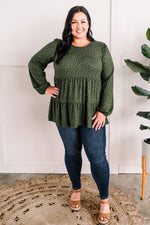 Tiered Long Sleeve Top In Olive Polka Dots