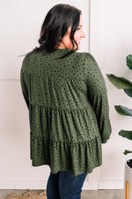 Tiered Long Sleeve Top In Olive Polka Dots