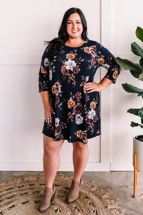 Long Sleeve Floral Shift Dress With Pockets In Navy Rose Florals